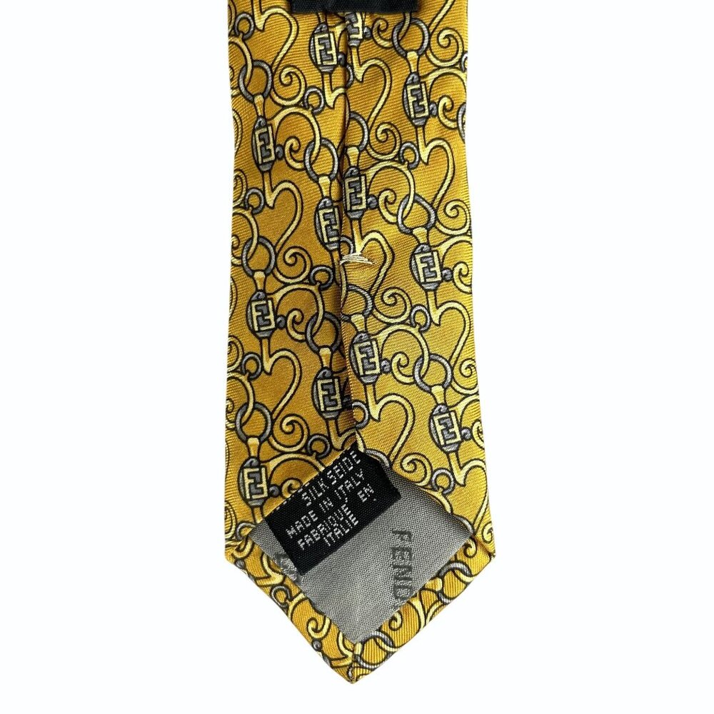 Fendi Monogram Scroll Pattern Gold & Gray Silk Ti… - image 6